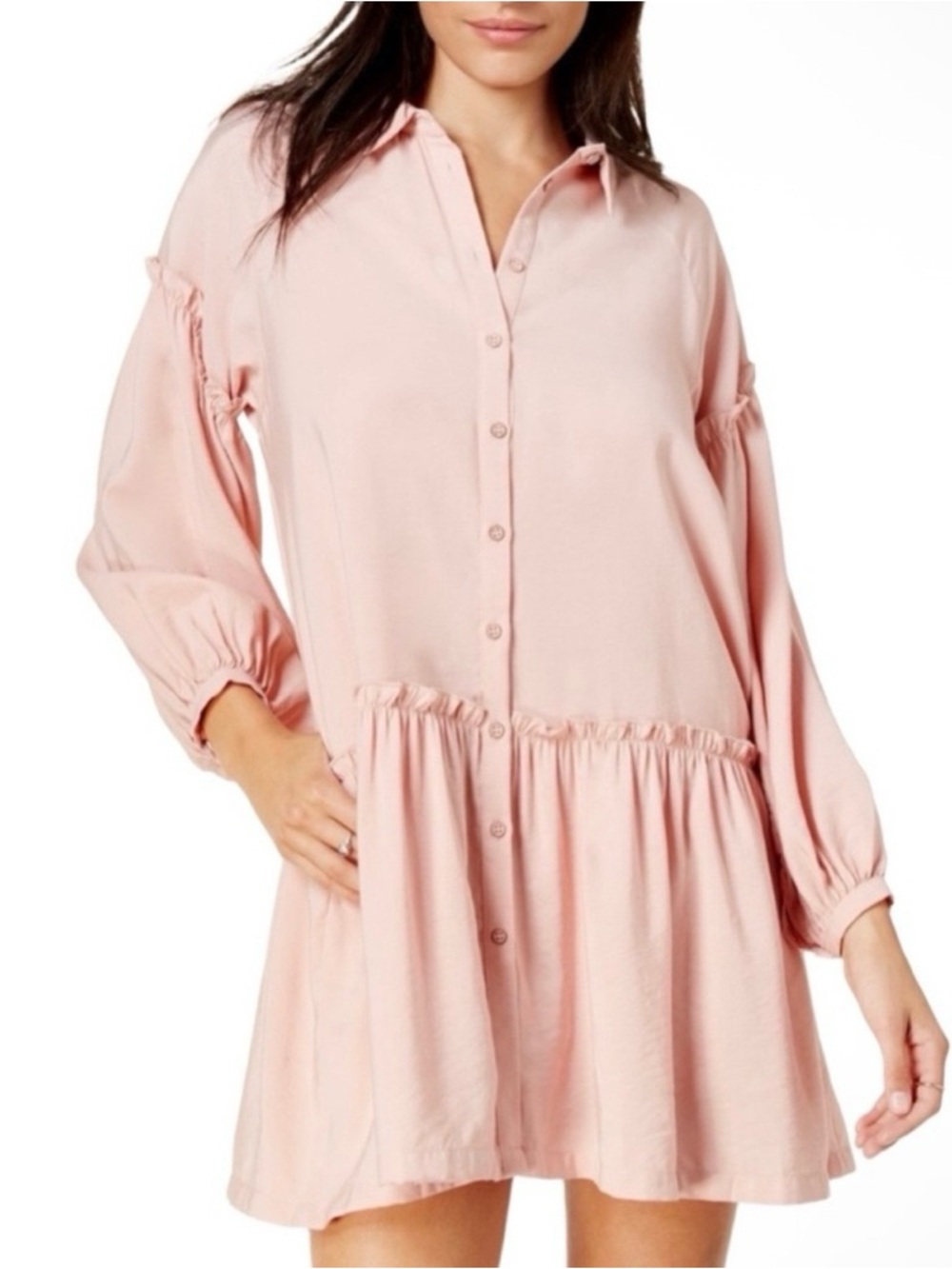 Free people easy street rose pink drop waist shirt dress button front size XS
